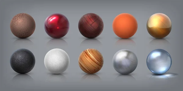 Des sphères de texture. Boules réalistes 3D en verre métal plastique caoutchouc matériaux, éléments de décoration et modèles pour la modélisation. Formes abstraites vectorielles — Image vectorielle