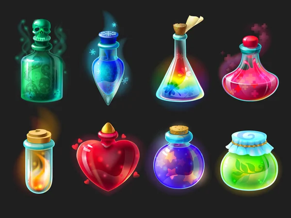 Poción mágica. Elementos de interfaz de juego de dibujos animados, botellas alquimistas con elixir, veneno, antídoto y poción de amor. Vector fantasía y cuentos de hadas objetos conjunto — Archivo Imágenes Vectoriales