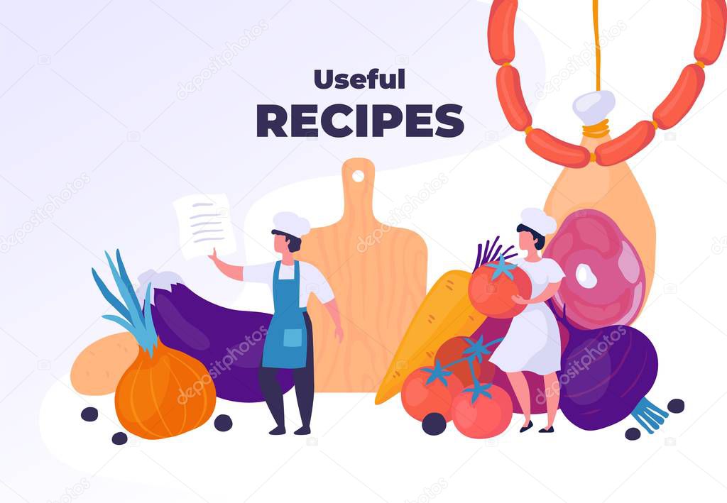 Professional cooking. Healthy food and restaurant culinary concept, trendy cartoon characters preparing dinner. Vector illustration