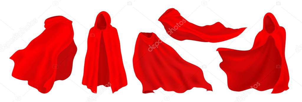 Red cape with hood. Realistic superhero cloak, vampire and illusionist silk party costume. Vector red decorative clothes set