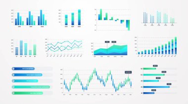 Histogram çizelgeleri. Borsa şemaları, istatistik çubukları, sunum ve finans raporları için çizgi grafikleri ve grafikleri olan ticari bilgi şablonu. Vektör seti