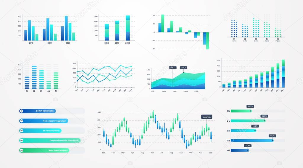 Histogram charts. Business infographic template with stock diagrams and statistic bars, line graphs and charts for presentation and finance report. Vector set