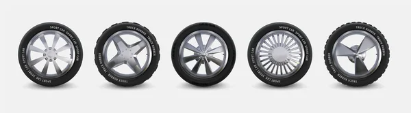 Realistischer Reifenwechsel. LKW-Räder isoliert auf weißen, Winter- und Sommerreifen, 3D-detaillierte Alufelgen. Vector schwarzer Automobil-Gummi — Stockvektor