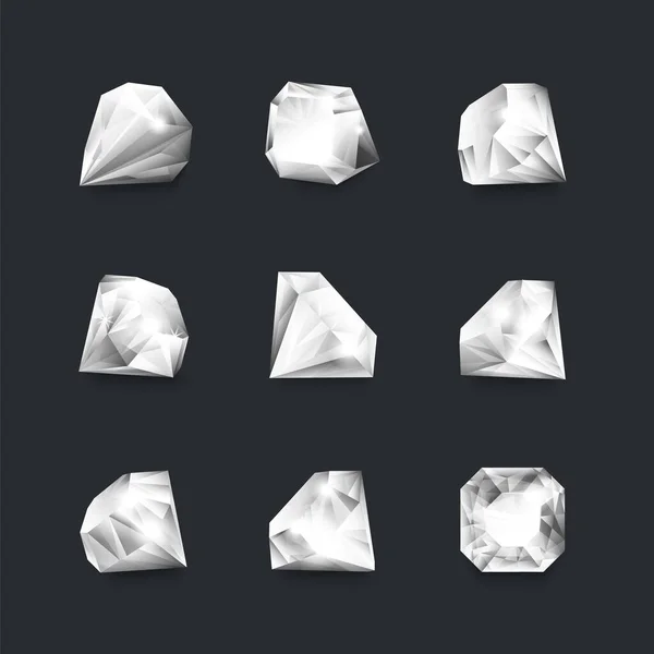 Diamantes. Piedras de lujo realista forma redonda con bordes brillantes, diamantes blancos 3D aislados sobre fondo negro. Vector piedras del tesoro conjunto — Archivo Imágenes Vectoriales