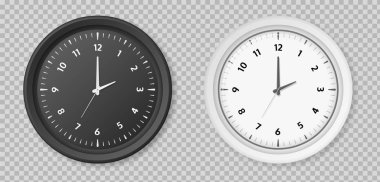 Gerçekçi saat. Yuvarlak beyaz ve siyah metal veya plastik ofis saatleri. Şeffaf arkaplanda vektör saati izole edildi
