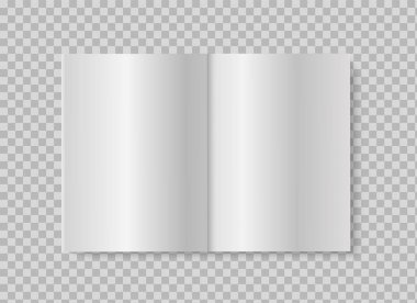 Açık kitap ya da dergi. Gerçekçi, şeffaf arkaplan üzerine boş sayfalar oluşturur. Yayılmış broşür veya kitapçığın vektör illüstrasyonu