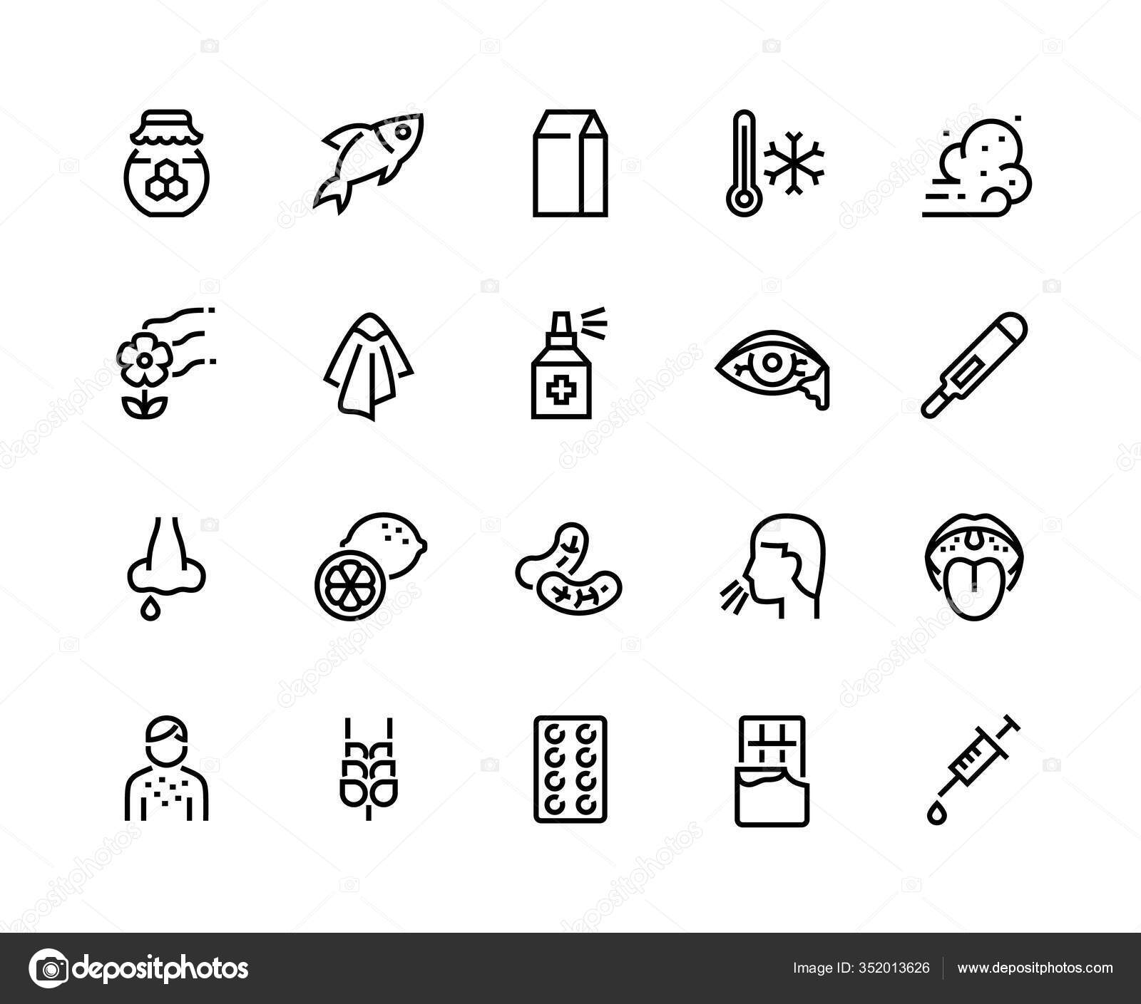 Allergy line icons. Sneeze, cough, high temperature and rash allergic
