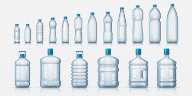 Boş plastik şişeler. Su ve sıvılar için gerçekçi şeffaf konteynır, reklamcılık için izole edilmiş 3 boyutlu maketler. Beyaz arkaplanda vektör ayarlandı