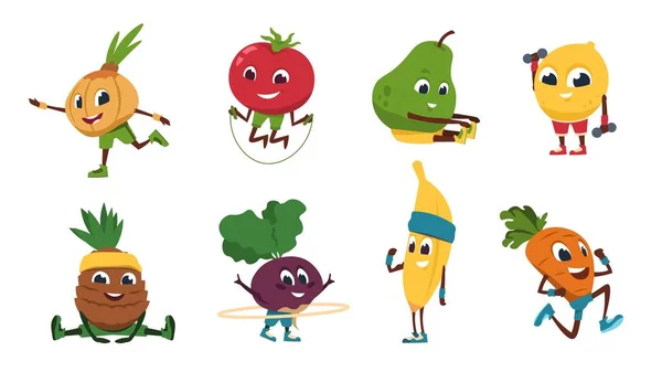 Früchte Fitness. Gemüse-Zeichentrickfiguren machen Fitnessübungen und sportliche Aktivitäten. Vektor niedlich und lustig gesundes Essen Set — Stockvektor