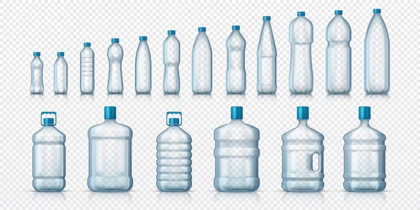 Leere Plastikflaschen. Realistische transparente Behälter für Wasser oder Flüssigkeiten, isolierte 3D-Attrappen für Werbung. Vektor auf weißem Hintergrund eingestellt — Stockvektor