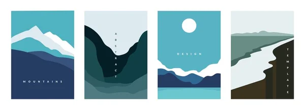 Горный абстрактный плакат. Геометрические ландшафтные плакаты с холмами, реками и озерами, минималистские природные пейзажи. Векторные листовки с потоками и изогнутыми — стоковый вектор