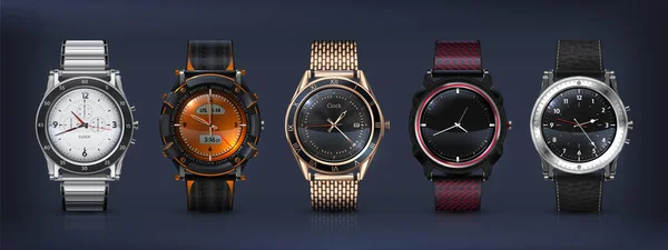 Реалистичные наручные часы. 3D классические и современные бизнес-часы с хронографическим металлическим и кожаным браслетом и различными циферблатами. Векторное множество — стоковый вектор