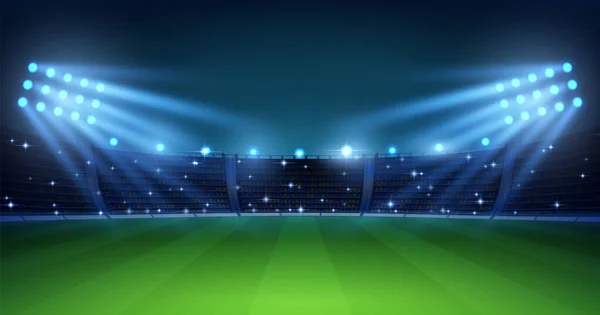 Arena de fútbol realista. Campo de fútbol por la noche con luces brillantes del estadio, césped verde y tribunas. Fondo vectorial para el campeonato de fútbol — Vector de stock