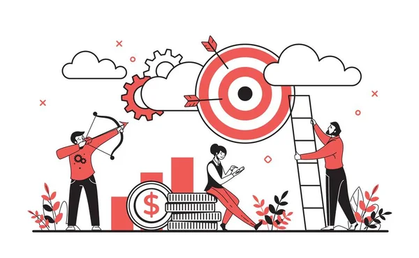 Концепция бизнес-целей. Мультфильм символов планирования и достижения целей, успешной концепции бизнес-команды. Векторная цель и мотивация — стоковый вектор