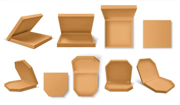 Een pizzadoos. Realistische 3D ambachtelijke voedsel containers voor pizza bezorgservice, blanco mockup voor merkidentiteit. Vector lege pizzadoos set — Stockvector