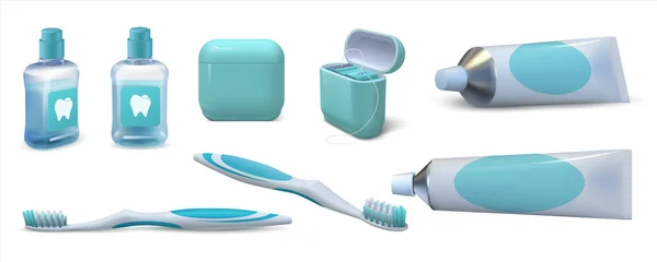 Des soins dentaires réalistes. Dentifrice 3D en tube, paire de brosses à dents, rince-bouche et fil dentaire. Ensemble vectoriel de produits d'hygiène buccale isolés — Image vectorielle