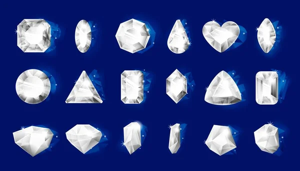 Diamantes realistas. Joyas realistas con bordes brillantes, joyas 3D cristales transparentes de diferentes formas aisladas en blanco. Conjunto vectorial de gemas — Archivo Imágenes Vectoriales