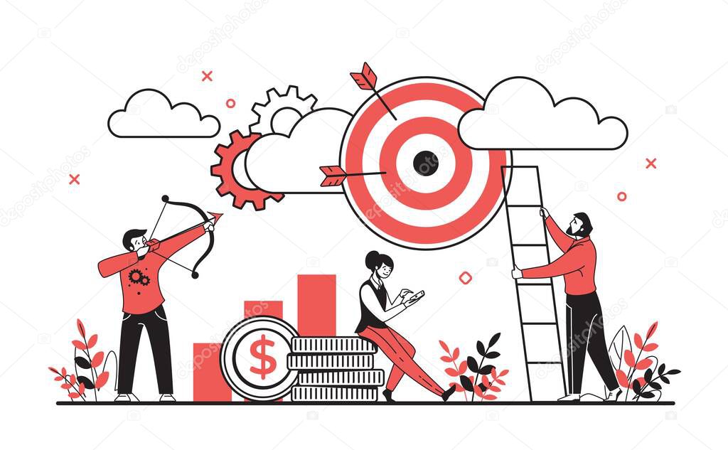Business target concept. Cartoon characters planning and reaching goals, successful business team concept. Vector target and motivation