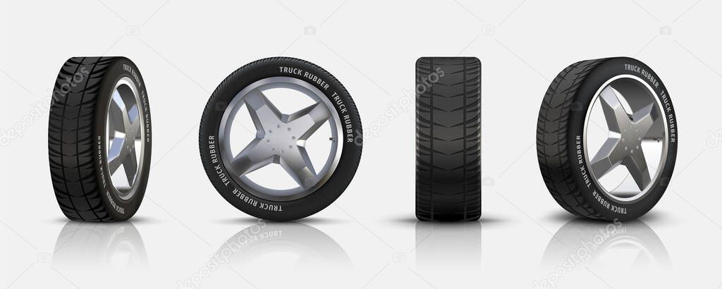 Realistic car tires. 3D isolated auto tyres with alloy rims, detailed car wheels with disk and rubber for flyers, brochures and banners. Vector set