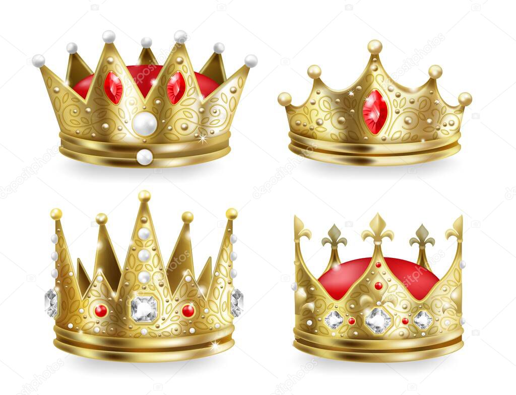 Realistic crowns. Kings and queens golden royal headdress, 3D medieval emperor luxury collection. Vector isolated golden monarch crown set