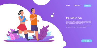 İnsanlar inişi yönetir. Açık havada koşan sportif kadın ve erkek, yaz etkinlikleri web sayfası. Park bayrağında vektör maratonu koşucuları