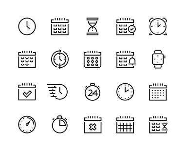 Zaman ve takvim çizgisi simgeleri. İş planlaması ve saat, alarm, kronometre ve kronometre ile optimizasyon piktogramları. Vektör seti