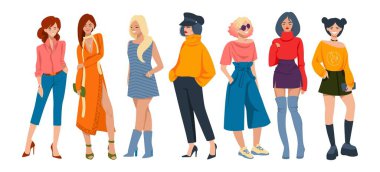 Stylish women. Cartoon fashion characters wearing elegant casual clothes, young hipster girls with formal outfits. Vector collection of trendy clipart