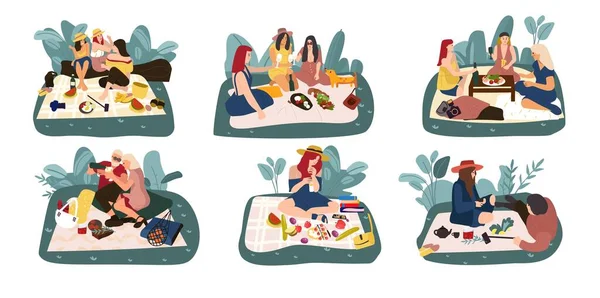 Tecknad picknick. Glada karaktärer på sommaren fritidsaktiviteter, äta utomhus och spendera tid. Vektorsläktingar och vänner — Stock vektor