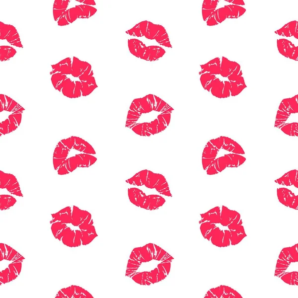 Patrón de beso de lápiz labial. Labios de mujer con textura grunge, boca roja femenina sin costuras. Vector plantilla de impresión romántica — Archivo Imágenes Vectoriales