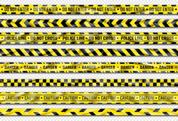 Ruban de danger. Ruban d'avertissement jaune avec des panneaux d'avertissement pour la scène de crime ou la zone de construction. Rayures d'attention vectorielles réalistes — Image vectorielle