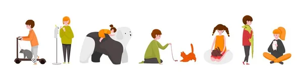 Des enfants avec des animaux. Heureux personnages de dessins animés enfants avec des animaux domestiques adoptés, mignons enfants jouant avec leurs animaux de compagnie. Ensemble isolé vectoriel — Image vectorielle