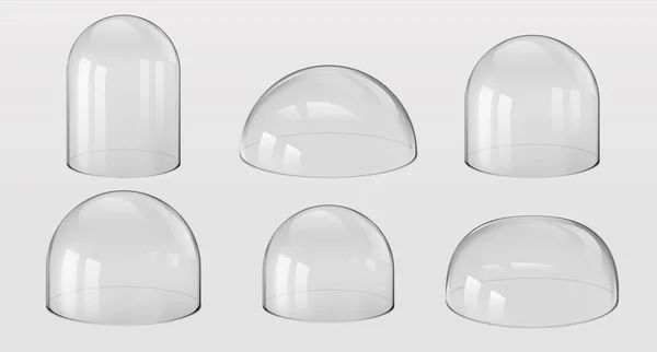 Szklane kopuły. 3D Realistyczne kuliste i półkulowe naczynia kuchenne, dzwon, gabloty laboratoryjne i wystawowe. Zestaw wektorów izolowany na przezroczystym tle — Wektor stockowy