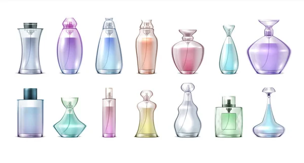 Parfümflaschen. Realistisches klares Glas mit Parfüms, Kollektion eleganter Kosmetikflaschen. Vektor Aroma Wasser Sprühbehälter — Stockvektor