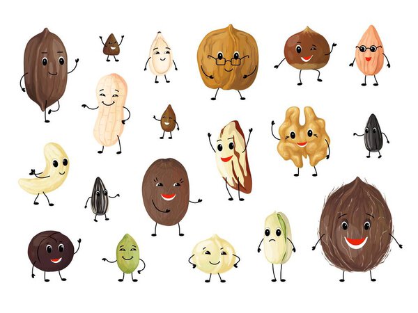 Nuts cartoon characters. Cute mascot persons for kids illustration, peanut walnut hazelnut pistachio almond macadamia pecan cashew. Vector set