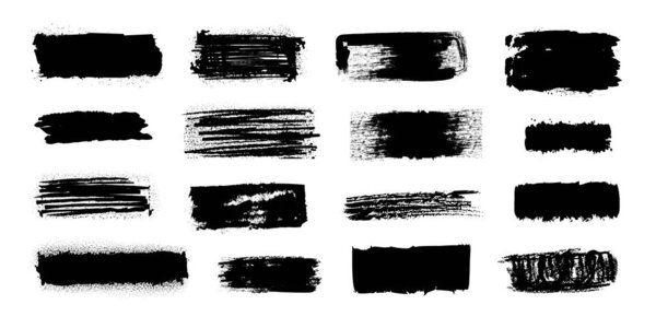 Кисть чернильного пятна. Черные мазки краски с грязной гранж текстурой, пятна кисти брызги и капает. Векторный изолированный набор баннеров акварельного силуэта
