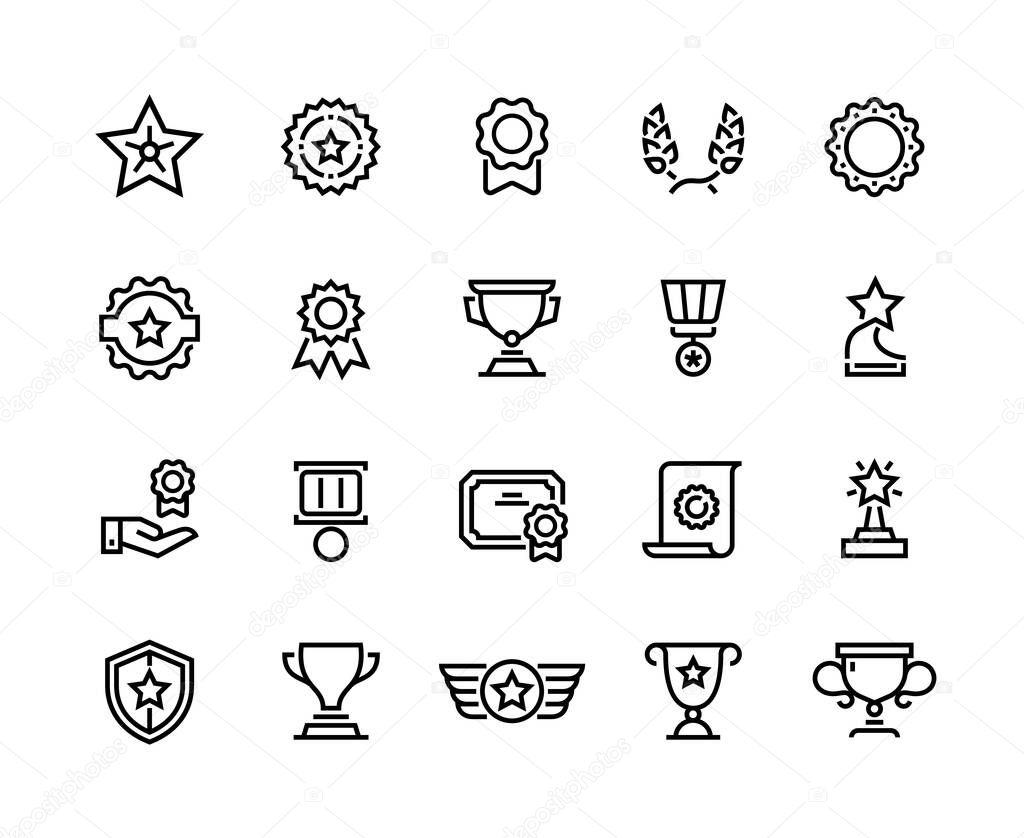 Award line icons. Winner reward, trophy medal and competition medal, premium quality symbol. Vector winner cup and prize set