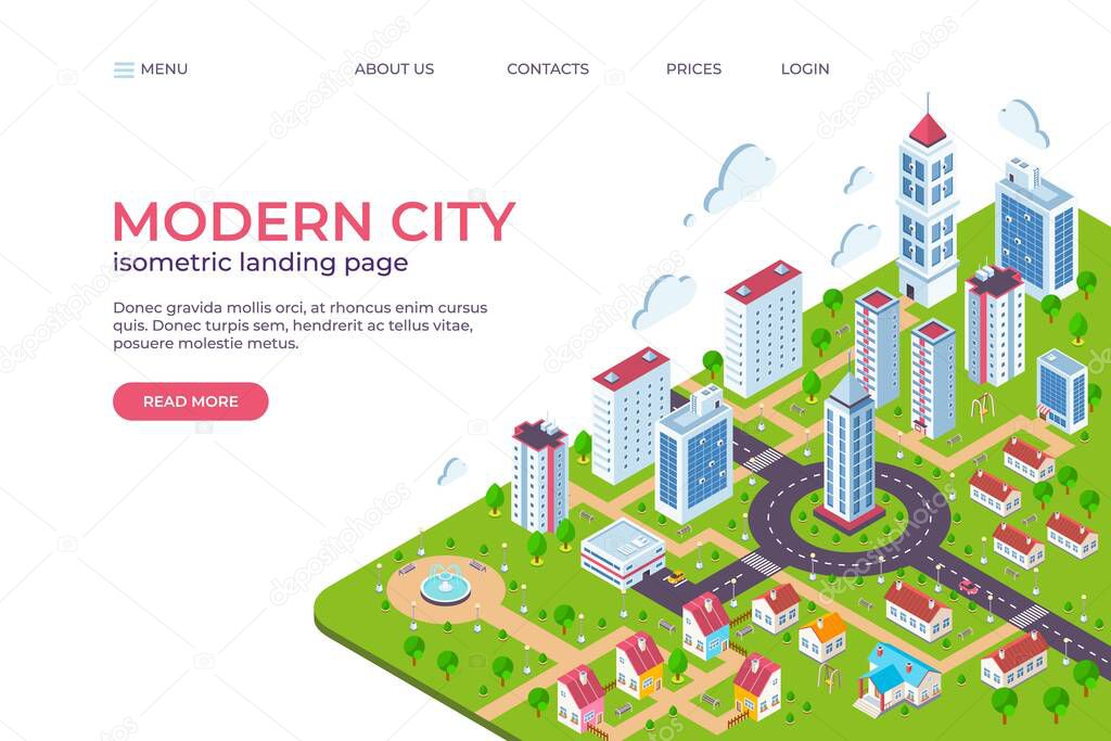 Isometric city landing page. 3D smart city concept with skyscrapers, business centers, streets and cars. Vector web page template