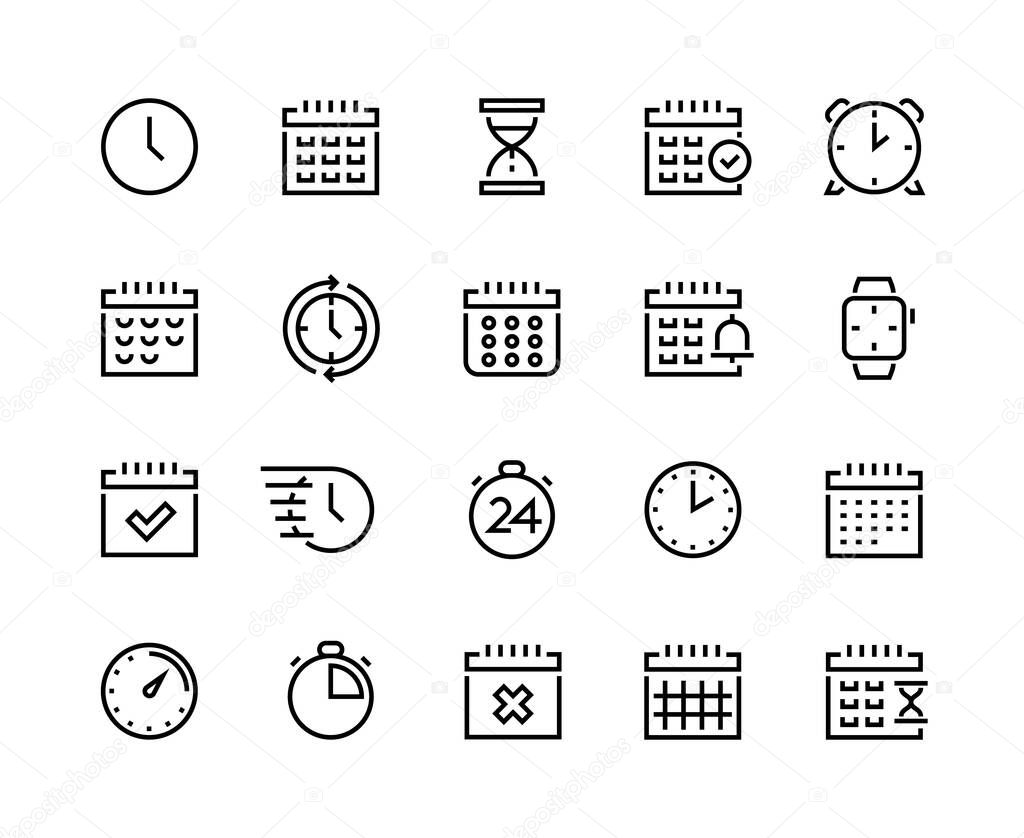 Time and calendar line icons. Business planning and schedule optimization pictograms with clock, alarm, stopwatch and chronometer. Vector set