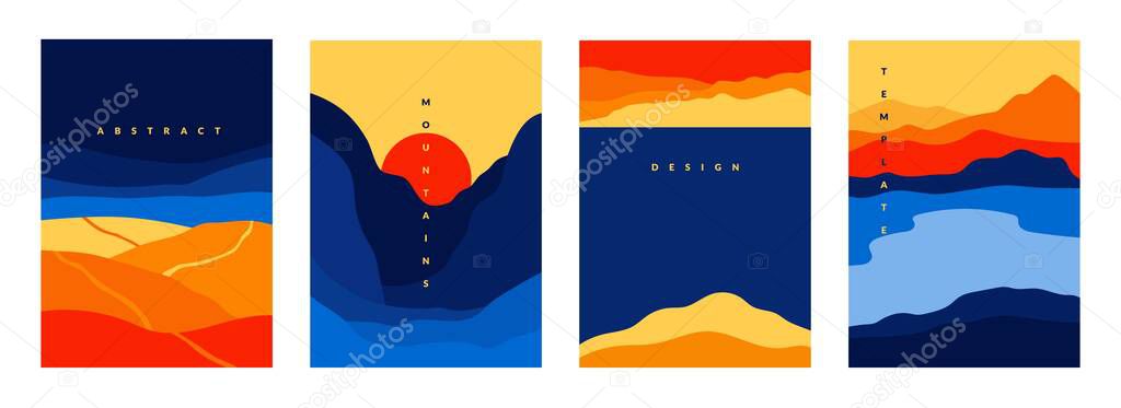 Mountains and sea poster. Abstract geometric landscape banners with minimalist shapes and curved lines. Vector scenes with mountains hills sea and