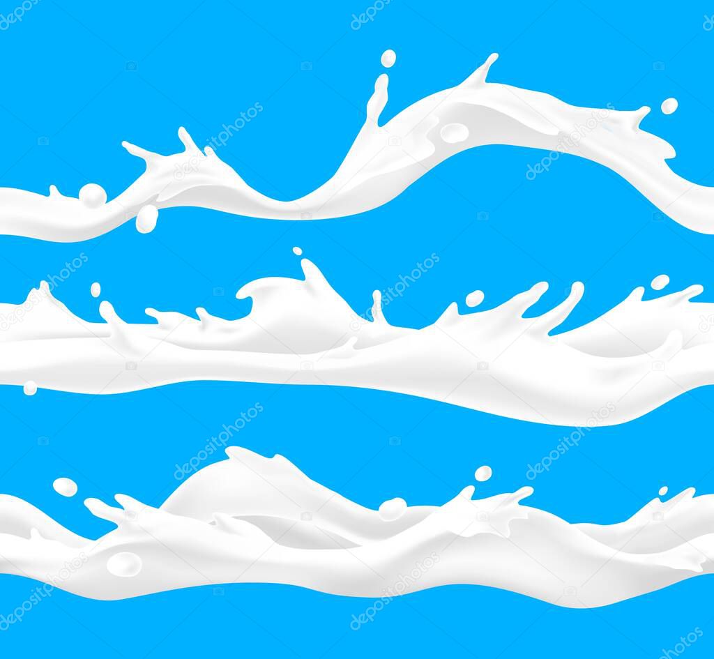 Milk waves. Realistic liquid yoghurt splash and 3D drips, isolated milk drink waves for dairy product package. Vector cream swirls set