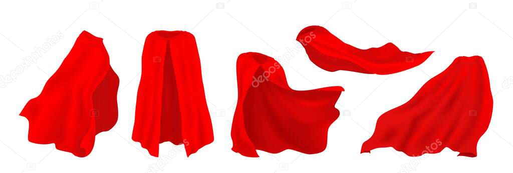 Red superhero cape. Realistic 3D hero cloak of drape, illusionist silk cloth, vampire decorative costume. Vector carnival clothes set