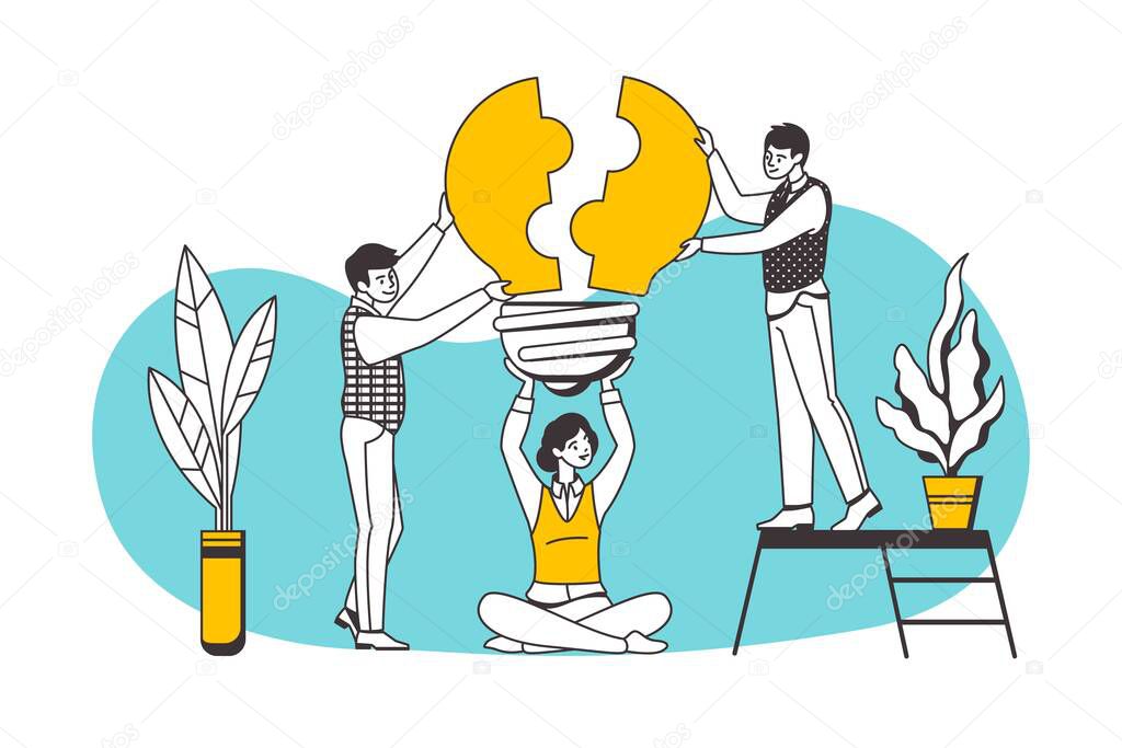 Teamwork puzzle concept. Cartoon people characters building career, business partnership and cooperation. Vector assembling puzzle elements