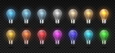 Ampul. Gerçekçi parlak parlak ışık ve LED lamba soğuktan beyaz ve sıcak ışığa, RGB renk ışıklarına. Vektör elektrik çelengi 3D ampul ayarlandı