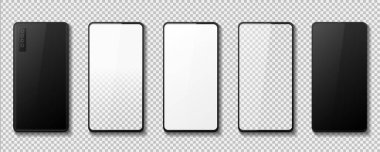 Gerçekçi telefon. Beyaz siyah ve şeffaf ekranlı Gadget modeli, 3 boyutlu akıllı telefon ön ve arka görüş. Vektör cep telefonu tasarımı ayarlandı