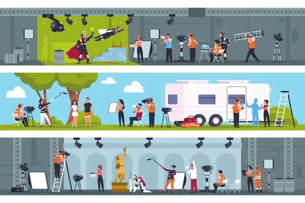 Film making. Movie production studio with film cast shooting scene on green screen, in pavilion and on location. Vector cartoon set — Stock Vector