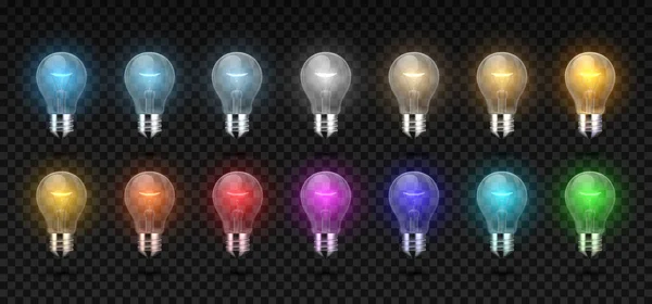 Λάμπα. Ρεαλιστικό λαμπερό πυρακτώσεως και LED λαμπτήρα από το κρύο στο λευκό και ζεστό φως, RGB φώτα χρώμα. Διανυσματική ηλεκτρική γιρλάντα 3D σύνολο λαμπτήρα — Διανυσματικό Αρχείο
