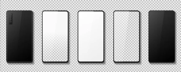 現実的な電話だ。白い黒と透明画面、 3Dスマートフォンのフロントとバックビューでガジェットのモックアップ。ベクトル携帯電話の設計セット — ストックベクタ