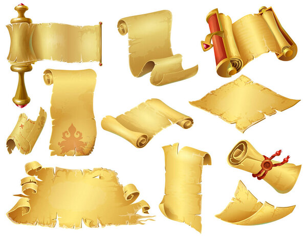 Cartoon scrolls. Ancient papyrus manuscripts and parchment, old paper scrolls for mobile and computer game. Vector vintage rolled paper