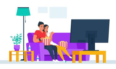 Televizyon izleyen bir çift. Çizgi film karakteri ve kız karakterleri evde film izliyor, insanlar haftasonunu birlikte geçiriyor. Televizyondaki koltukta oturan vektör çift.