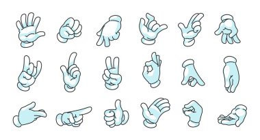 Cartoon hands in gloves. Doodle comic mascot arms, human character palms and fingers in white gloves showing gestures. Vector motion hands collection clipart